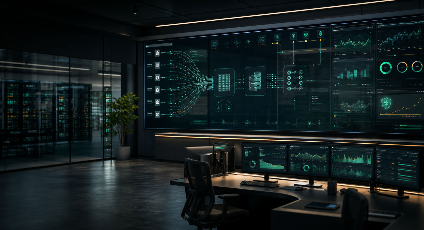 A modern data platform command center with pipeline topology, dashboards, and observability panels.